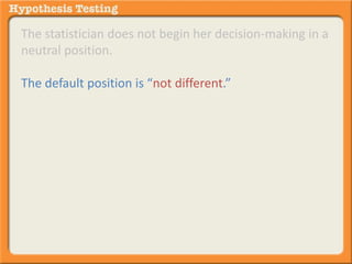 The statistician does not begin her decision-making in a 
neutral position. 
The default position is “not different.” 
This is also called the “null hypothesis.” 
 
