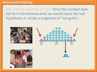 Our random selection is “13”. Since this number does 
not lie in the extreme ends we would reject the null 
hypothesis or render a judgment of “not guilty”. 
13 
 