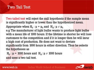 Two Tail Test

Two tailed test will reject the null hypothesis if the sample mean
is significantly higher or lower than the hypothesized mean.
                           - the B-school
Appropriate when H0 : µ = µ0 and HA: µ ≠ µ0
e.g The manufacturer of light bulbs wants to produce light bulbs
with a mean life of 1000 hours. If the lifetime is shorter he will lose
customers to the competition and if it is longer then he will incur
a high cost of production. He does not want to deviate
significantly from 1000 hours in either direction. Thus he selects
the hypotheses as
 H0 : µ = 1000 hours and HA: µ ≠ 1000 hours
and uses a two tail test.
 