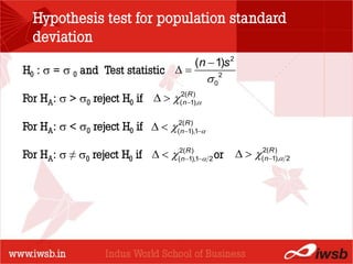 Hypothesis test for population standard
  deviation
                                         (n  1)s 2
H0 :  =  0 and Test statistic  
                                               02
                             - the B-school
For HA:  > 0 reject H0 if   (2(1),
                                  n
                                    R)




For HA:  < 0 reject H0 if   (2(1),1
                                  n
                                    R)



For HA:  ≠ 0 reject H0 if   (2(1),1 2 or   ( n1), 2
                                    R)                2( R )
                                  n
 