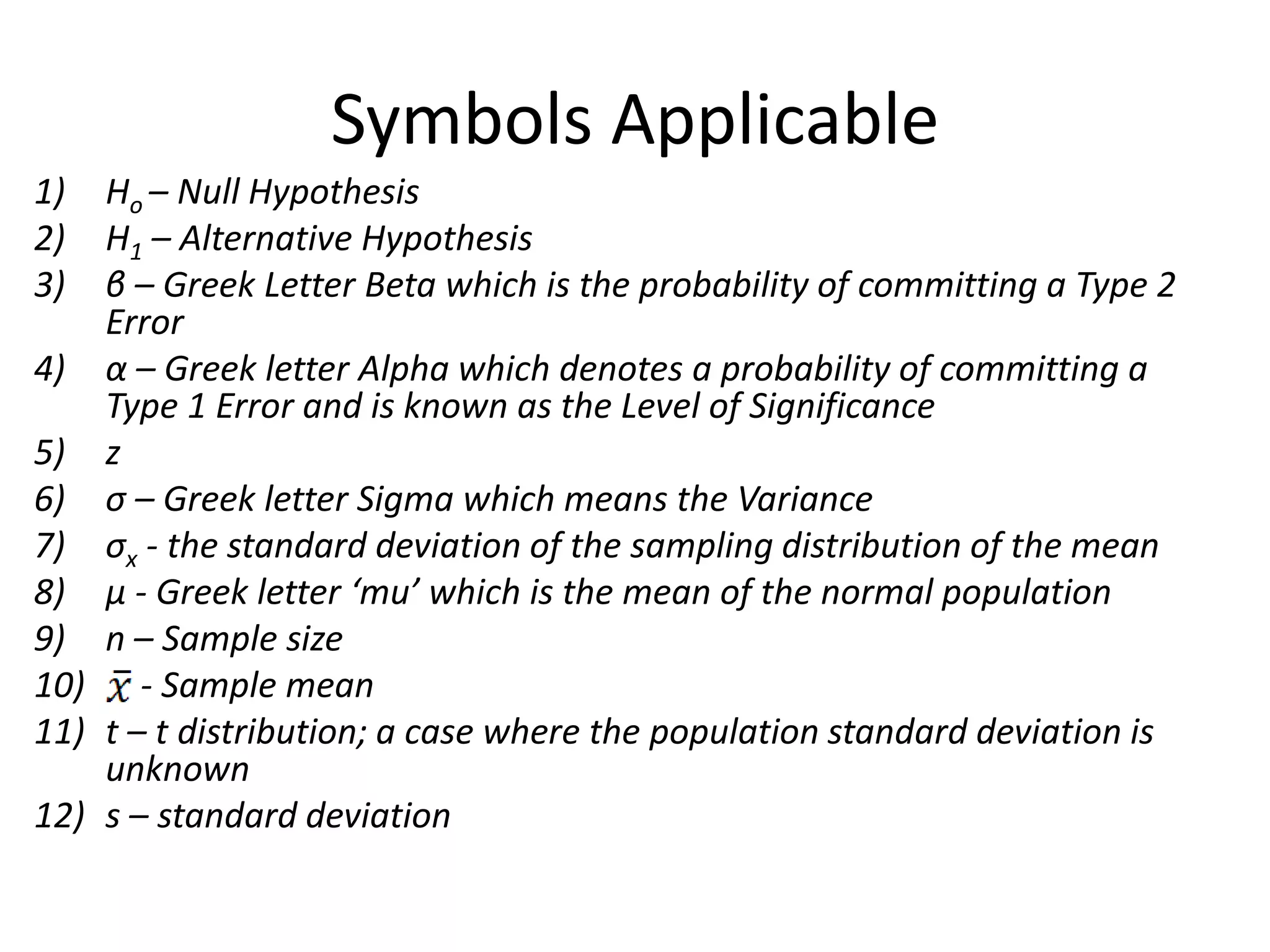 Symbols Applicable
1)  Ho – Null Hypothesis
2)  H1 – Alternative Hypothesis
3)  β – Greek Letter Beta which is the probability of committing a Type 2
    Error
4) α – Greek letter Alpha which denotes a probability of committing a
    Type 1 Error and is known as the Level of Significance
5) z
6) σ – Greek letter Sigma which means the Variance
7) σx - the standard deviation of the sampling distribution of the mean
8) µ - Greek letter ‘mu’ which is the mean of the normal population
9) n – Sample size
10) - Sample mean
11) t – t distribution; a case where the population standard deviation is
    unknown
12) s – standard deviation
 