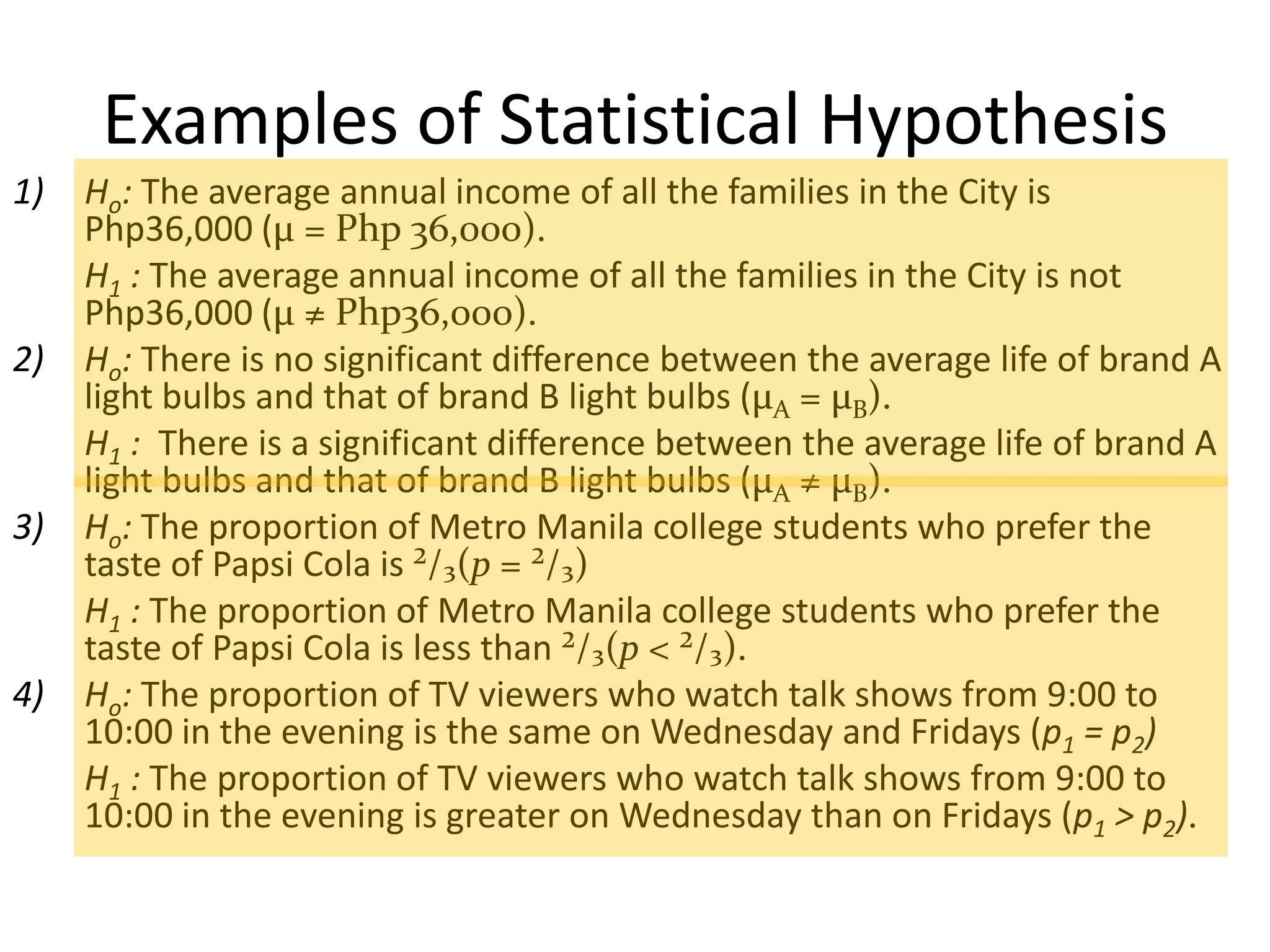Examples of Statistical Hypothesis
1)   Ho: The average annual income of all the families in the City is
     Php36,000 (µ = Php 36,000).
     H1 : The average annual income of all the families in the City is not
     Php36,000 (µ ≠ Php36,000).
2)   Ho: There is no significant difference between the average life of brand A
     light bulbs and that of brand B light bulbs (µA = µB).
     H1 : There is a significant difference between the average life of brand A
     light bulbs and that of brand B light bulbs (µA ≠ µB).
3)   Ho: The proportion of Metro Manila college students who prefer the
     taste of Papsi Cola is ²/₃(p = ²/₃)
     H1 : The proportion of Metro Manila college students who prefer the
     taste of Papsi Cola is less than ²/₃(p < ²/₃).
4)   Ho: The proportion of TV viewers who watch talk shows from 9:00 to
     10:00 in the evening is the same on Wednesday and Fridays (p1 = p2)
     H1 : The proportion of TV viewers who watch talk shows from 9:00 to
     10:00 in the evening is greater on Wednesday than on Fridays (p1 > p2).
 