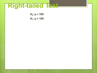 Right-tailed Test
       H0: µ  100
       H1: µ > 100
 