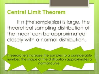 Central Limit Theorem
    If n (the sample size) is large, the
theoretical sampling distribution of
the mean can be approximated
closely with a normal distribution.


If researchers increase the samples to a considerable
number, the shape of the distribution approximates a
                     normal curve.
 