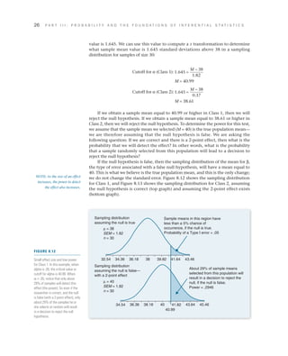 26	 P A R T I I I : P R O B A B I L I T Y A N D T H E F O U N D A T I O N S O F I N F E R E N T I A L S T A T I S T I C S
Sample means in this region have
less than a 5% chance of
occurrence, if the null is true.
Probability of a Type I error = .05
About 29% of sample means
selected from this population will
result in a decision to reject the
null, if the null is false.
Power = .2946
Sampling distribution
assuming the null is false—
with a 2-point effect
Sampling distribution
assuming the null is true
µ = 38
SEM = 1.82
n = 30
µ = 40
SEM = 1.82
n = 30
32.54 34.36 36.18 38 39.82 41.64 43.46
40
40.99
41.82 43.64 45.4634.54 36.36 38.18
FIGURE 8.12
Small effect size and low power
for Class 1. In this example, when
alpha is .05, the critical value or
cutoff for alpha is 40.99. When
a = .05, notice that only about
29% of samples will detect this
effect (the power). So even if the
researcher is correct, and the null
is false (with a 2-point effect), only
about 29% of the samples he or
she selects at random will result
in a decision to reject the null
hypothesis.
value is 1.645. We can use this value to compute a z transformation to determine
what sample mean value is 1.645 standard deviations above 38 in a sampling
distribution for samples of size 30:
Cutoff for a (Class 1): 1 645
38
1 82
.
.
=
−M
M = 40.99
Cutoff for a (Class 2): 1 645
38
0 37
.
.
=
−M
M = 38.61
If we obtain a sample mean equal to 40.99 or higher in Class 1, then we will
reject the null hypothesis. If we obtain a sample mean equal to 38.61 or higher in
Class 2, then we will reject the null hypothesis. To determine the power for this test,
we assume that the sample mean we selected (M = 40) is the true population mean—
we are therefore assuming that the null hypothesis is false. We are asking the
following question: If we are correct and there is a 2-point effect, then what is the
probability that we will detect the effect? In other words, what is the probability
that a sample randomly selected from this population will lead to a decision to
reject the null hypothesis?
If the null hypothesis is false, then the sampling distribution of the mean for b,
the type of error associated with a false null hypothesis, will have a mean equal to
40. This is what we believe is the true population mean, and this is the only change;
we do not change the standard error. Figure 8.12 shows the sampling distribution
for Class 1, and Figure 8.13 shows the sampling distribution for Class 2, assuming
the null hypothesis is correct (top graph) and assuming the 2-point effect exists
(bottom graph).
NOTE: As the size of an effect
increases, the power to detect
the effect also increases.
 