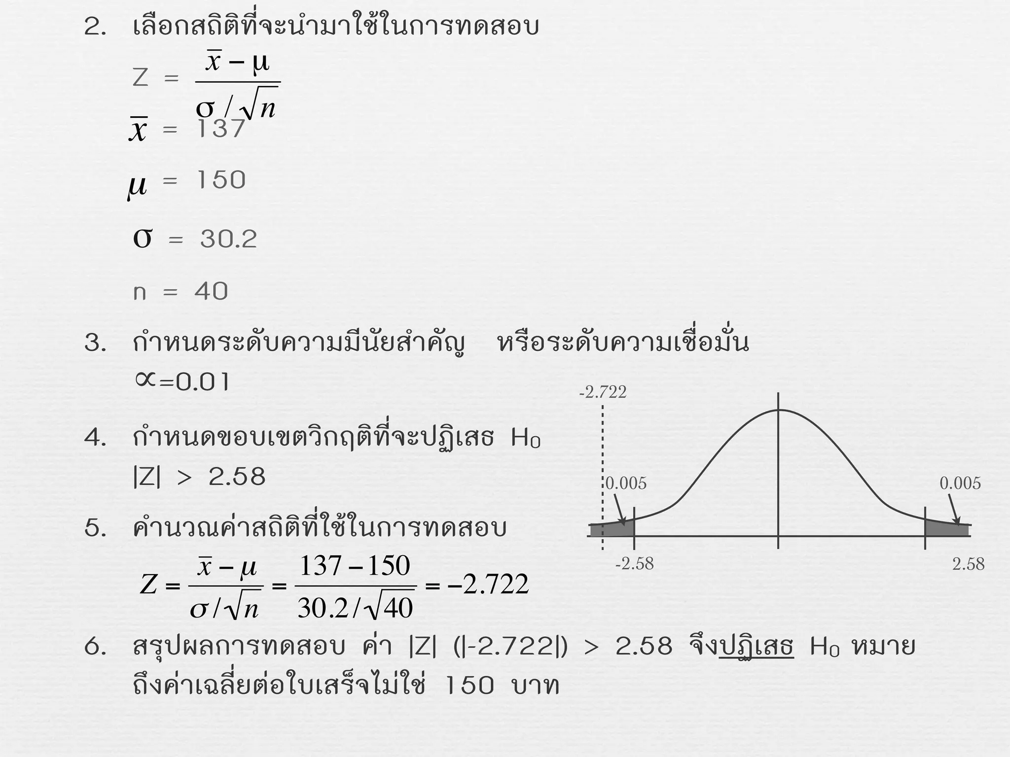 2. เลือกสถิติที่จะนำมาใชในการทดสอบ
Z =
= 137
= 150
σ = 30.2
n = 40
3. กำหนดระดับความมีนัยสำคัญ หรือระดับความเชื่อมั่น
∝=0.01
4. กำหนดขอบเขตวิกฤติที่จะปฏิเสธ H0
|Z| > 2.58
5. คำนวณคาสถิติที่ใชในการทดสอบ
6. สรุปผลการทดสอบ คา |Z| (|-2.722|) > 2.58 จึงปฏิเสธ H0 หมาย
ถึงคาเฉลี่ยตอใบเสร็จไมใช 150 บาท
x
€
µ
-2.58
0.005
-2.722
€
Z =
x − µ
σ / n
=
137 −150
30.2/ 40
= −2.722
2.58
0.005
 