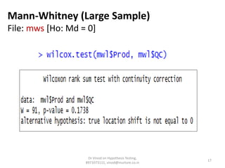 Mann-Whitney (Large Sample)
File: mws [Ho: Md = 0]
Dr Vinod on Hypothesis Testing,
8971073111, vinod@inurture.co.in
17
 