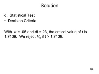 Solution
d. Statistical Test
• Decision Criteria
With a = .05 and df = 23, the critical value of t is
1.7139. We reject H0 if t > 1.7139.
122
 