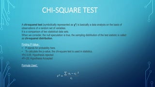CHI-SQUARE TEST
A chi-squared test (symbolically represented as χ2) is basically a data analysis on the basis of
observations of a random set of variables.
It is a comparison of two statistical data sets.
When we consider, the null speculation is true, the sampling distribution of the test statistic is called
as chi-squared distribution.
Finding P-Value :
• P stands for probability here.
• To calculate the p-value, the chi-square test is used in statistics.
•P≤ 0.05; Hypothesis rejected
•P>.05; Hypothesis Accepted
Formula Used :
𝑥2
=
𝑜𝑖 − 𝜀𝑖
2
𝜀𝑖
 