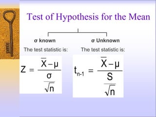 Test of Hypothesis for the Mean
The test statistic is:
n
S
μ
X
t 1
-
n


σ Unknown
σ known
The test statistic is:
n
σ
μ
X
Z


 