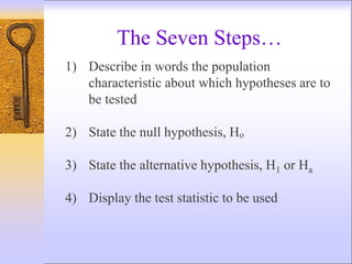 1) Describe in words the population
characteristic about which hypotheses are to
be tested
2) State the null hypothesis, Ho
3) State the alternative hypothesis, H1 or Ha
4) Display the test statistic to be used
The Seven Steps…
 