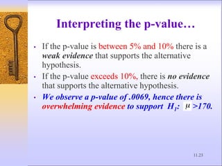 11.23
Interpreting the p-value…
• If the p-value is between 5% and 10% there is a
weak evidence that supports the alternative
hypothesis.
• If the p-value exceeds 10%, there is no evidence
that supports the alternative hypothesis.
• We observe a p-value of .0069, hence there is
overwhelming evidence to support H1: >170.
 