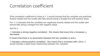Correlation coefficient
If the correlation coefficient is close to 1, it would indicate that the variables are positively
linearly related and the scatter plot falls almost along a straight line with positive slope.
For -1, it indicates that the variables are negatively linearly related and the scatter plot
almost falls along a straight line with negative slope.
And for z
-1 indicates a strong negative correlation : this means that every time x increases, y
decreases
0 means that there is no association between the two variables (x and y
1 indicates a strong positive correlation : this means that y increases with x Zero, it
would indicate a weak linear relationship between the variables.
 