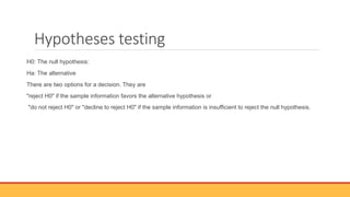 Hypotheses testing
H0: The null hypothesis:
Ha: The alternative
There are two options for a decision. They are
"reject H0" if the sample information favors the alternative hypothesis or
"do not reject H0" or "decline to reject H0" if the sample information is insufficient to reject the null hypothesis.
 