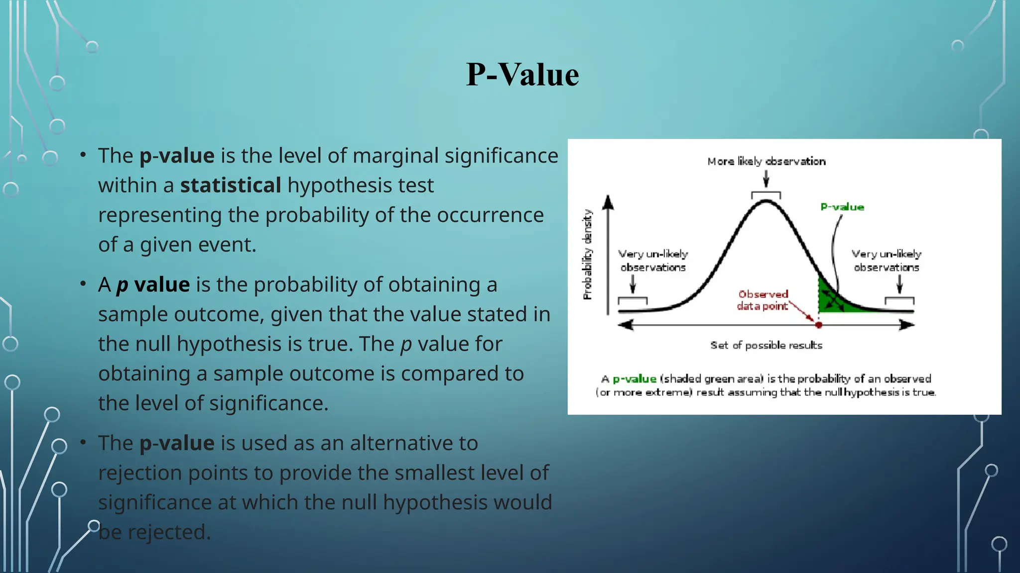 P-Value
• The p-value is the level of marginal significance
within a statistical hypothesis test
representing the probability of the occurrence
of a given event.
• A p value is the probability of obtaining a
sample outcome, given that the value stated in
the null hypothesis is true. The p value for
obtaining a sample outcome is compared to
the level of significance.
• The p-value is used as an alternative to
rejection points to provide the smallest level of
significance at which the null hypothesis would
be rejected.
 