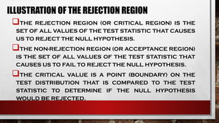 ILLUSTRATION OF THE REJECTION REGION
THE REJECTION REGION (OR CRITICAL REGION) IS THE
SET OF ALL VALUES OF THE TEST STATISTIC THAT CAUSES
US TO REJECT THE NULL HYPOTHESIS.
THE NON-REJECTION REGION (OR ACCEPTANCE REGION)
IS THE SET OF ALL VALUES OF THE TEST STATISTIC THAT
CAUSES US TO FAIL TO REJECT THE NULL HYPOTHESIS.
THE CRITICAL VALUE IS A POINT (BOUNDARY) ON THE
TEST DISTRIBUTION THAT IS COMPARED TO THE TEST
STATISTIC TO DETERMINE IF THE NULL HYPOTHESIS
WOULD BE REJECTED.
 