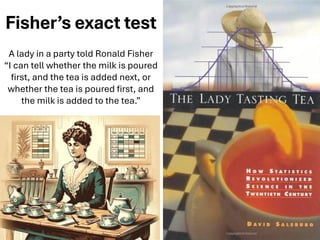 Fisher’s exact test
A lady in a party told Ronald Fisher
“I can tell whether the milk is poured
first, and the tea is added next, or
whether the tea is poured first, and
the milk is added to the tea.”
 