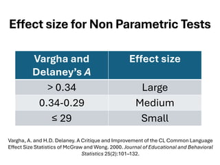Effect size for Non Parametric Tests
Vargha and
Delaney’s A
Effect size
> 0.34 Large
0.34-0.29 Medium
≤ 29 Small
Vargha, A. and H.D. Delaney. A Critique and Improvement of the CL Common Language
Effect Size Statistics of McGraw and Wong. 2000. Journal of Educational and Behavioral
Statistics 25(2):101–132.
 