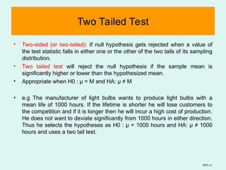 PPT-11
Two Tailed Test
• Two-sided (or two-tailed): If null hypothesis gets rejected when a value of
the test statistic falls in either one or the other of the two tails of its sampling
distribution.
• Two tailed test will reject the null hypothesis if the sample mean is
significantly higher or lower than the hypothesized mean.
• Appropriate when H0 : µ = M and HA: µ ≠ M
• e.g The manufacturer of light bulbs wants to produce light bulbs with a
mean life of 1000 hours. If the lifetime is shorter he will lose customers to
the competition and if it is longer then he will incur a high cost of production.
He does not want to deviate significantly from 1000 hours in either direction.
Thus he selects the hypotheses as H0 : µ = 1000 hours and HA: µ ≠ 1000
hours and uses a two tail test.
 