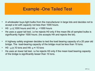 PPT-14
Example -One Tailed Test
• A wholesaler buys light bulbs from the manufacturer in large lots and decides not to
accept a lot with capacity not less than 1000 hours.
• H0 : µ < 1000 hours and HA: µ >1000 hours
• He uses a upper tail test. i.e he rejects H0 only if the mean life of sampled bulbs is
significantly higher 1000 hours. (he accepts HA and rejects the lot).
• A highway safety engineer decides to test the load bearing capacity of a 20 year old
bridge. The load-bearing capacity of the bridge must be less than 10 tons.
• H0 : µ > 10 tons and HA: µ < 10 tons
• He uses an lower tail test. i.e he rejects H0 only if the mean load bearing capacity
of the bridge is significantly lesser than 10 tons.
 