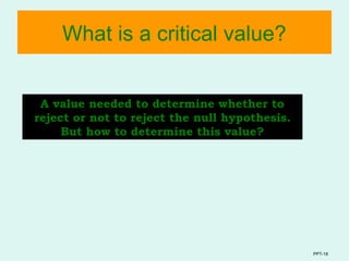 PPT-18
What is a critical value?
A value needed to determine whether to
reject or not to reject the null hypothesis.
But how to determine this value?
 