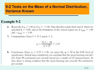 PPT-39
9-2 Tests on the Mean of a Normal Distribution,
Variance Known
Example 9-2
 