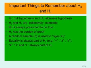 PPT-5
Important Things to Remember about H0
and H1
• H0: null hypothesis and H1: alternate hypothesis
• H0 and H1 are collectively complete
• H0 is always presumed to be true
• H1 has the burden of proof
• A random sample (n) is used to “reject H0”
• Equality is always part of H0 (e.g. “=” , “≥” , “≤”).
• “≠” “<” and “>” always part of H1
 