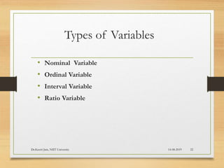 Types of Variables
• Nominal Variable
• Ordinal Variable
• Interval Variable
• Ratio Variable
14-08-2019Dr.Keerti Jain, NIIT University 22
 
