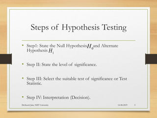 Steps of Hypothesis Testing
• Step1: State the Null Hypothesis and Alternate
Hypothesis
• Step II: State the level of significance.
• Step III: Select the suitable test of significance or Test
Statistic.
• Step IV: Interpretation (Decision).
0H
1H
14-08-2019Dr.Keerti Jain, NIIT University 5
 