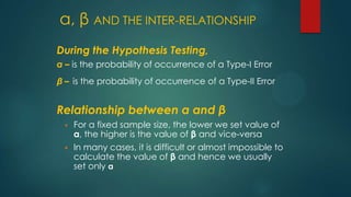 α, β AND THE INTER-RELATIONSHIP
During the Hypothesis Testing,
α – is the probability of occurrence of a Type-I Error
β – is the probability of occurrence of a Type-II Error

Relationship between α and β




For a fixed sample size, the lower we set value of
α, the higher is the value of β and vice-versa
In many cases, it is difficult or almost impossible to
calculate the value of β and hence we usually
set only α

 