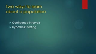 Two ways to learn
about a population


Confidence intervals



Hypothesis testing

 