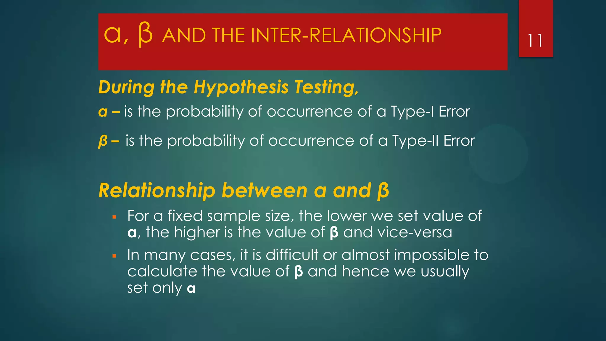 α, β AND THE INTER-RELATIONSHIP
During the Hypothesis Testing,
α – is the probability of occurrence of a Type-I Error
β – is the probability of occurrence of a Type-II Error

Relationship between α and β




For a fixed sample size, the lower we set value of
α, the higher is the value of β and vice-versa
In many cases, it is difficult or almost impossible to
calculate the value of β and hence we usually
set only α

11

 