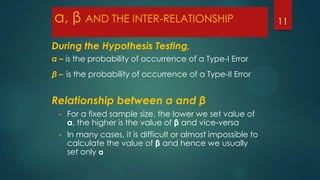α, β AND THE INTER-RELATIONSHIP
During the Hypothesis Testing,
α – is the probability of occurrence of a Type-I Error
β – is the probability of occurrence of a Type-II Error

Relationship between α and β




For a fixed sample size, the lower we set value of
α, the higher is the value of β and vice-versa
In many cases, it is difficult or almost impossible to
calculate the value of β and hence we usually
set only α

11

 