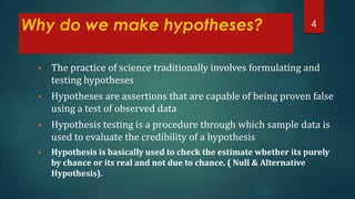 Why do we make hypotheses?

4



The practice of science traditionally involves formulating and
testing hypotheses



Hypotheses are assertions that are capable of being proven false
using a test of observed data



Hypothesis testing is a procedure through which sample data is
used to evaluate the credibility of a hypothesis



Hypothesis is basically used to check the estimate whether its purely
by chance or its real and not due to chance. ( Null & Alternative
Hypothesis).

 