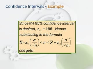 Since the confidence
is desired z Hence
substituting in the formula
X z
n
X z
n
onegets
, ,
– +
2
95%
196
2 2
interval
a
a a
s
m
s
=
æ
è
ç
ö
ø
÷ < < æ
è
ç
ö
ø
÷
. .
Confidence Intervals - Example
 