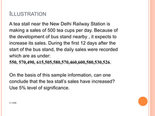 ILLUSTRATION
A tea stall near the New Delhi Railway Station is
making a sales of 500 tea cups per day. Because of
the development of bus stand nearby , it expects to
increase its sales. During the first 12 days after the
start of the bus stand, the daily sales were recorded
which are as under:
550, 570,490, 615,505,580,570,460,600,580,530,526.
On the basis of this sample information, can one
conclude that the tea stall’s sales have increased?
Use 5% level of significance.
t= 3.558
 