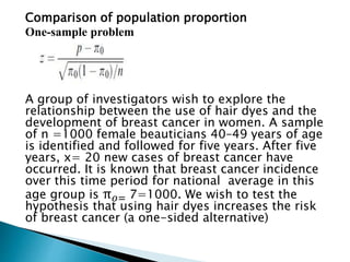 Comparison of population proportion
One-sample problem
A group of investigators wish to explore the
relationship between the use of hair dyes and the
development of breast cancer in women. A sample
of n =1000 female beauticians 40–49 years of age
is identified and followed for five years. After five
years, x= 20 new cases of breast cancer have
occurred. It is known that breast cancer incidence
over this time period for national average in this
age group is π𝑜= 7=1000. We wish to test the
hypothesis that using hair dyes increases the risk
of breast cancer (a one-sided alternative)
 