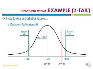 HYPOTHESIS TESTING
HYPOTHESIS TESTING: EXAMPLE (2-TAIL)
 How to Ace a Statistics Exam…
 Decision: Fail to reject H0
16
σM = 2.67
μ = 85 M = 90
Reject
H0
-1.96 z = 0 +1.96
Reject
H0
 