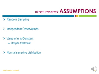 HYPOTHESIS TESTING
HYPOTHESIS TESTS: ASSUMPTIONS
 Random Sampling
 Independent Observations
 Value of σ is Constant
 Despite treatment
 Normal sampling distribution
26
 
