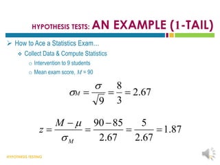 HYPOTHESIS TESTING
HYPOTHESIS TESTS: AN EXAMPLE (1-TAIL)
 How to Ace a Statistics Exam…
 Collect Data & Compute Statistics
o Intervention to 9 students
o Mean exam score, M = 90
32
67
.
2
3
8
9




M
87
.
1
67
.
2
5
67
.
2
85
90






M
M
z


 