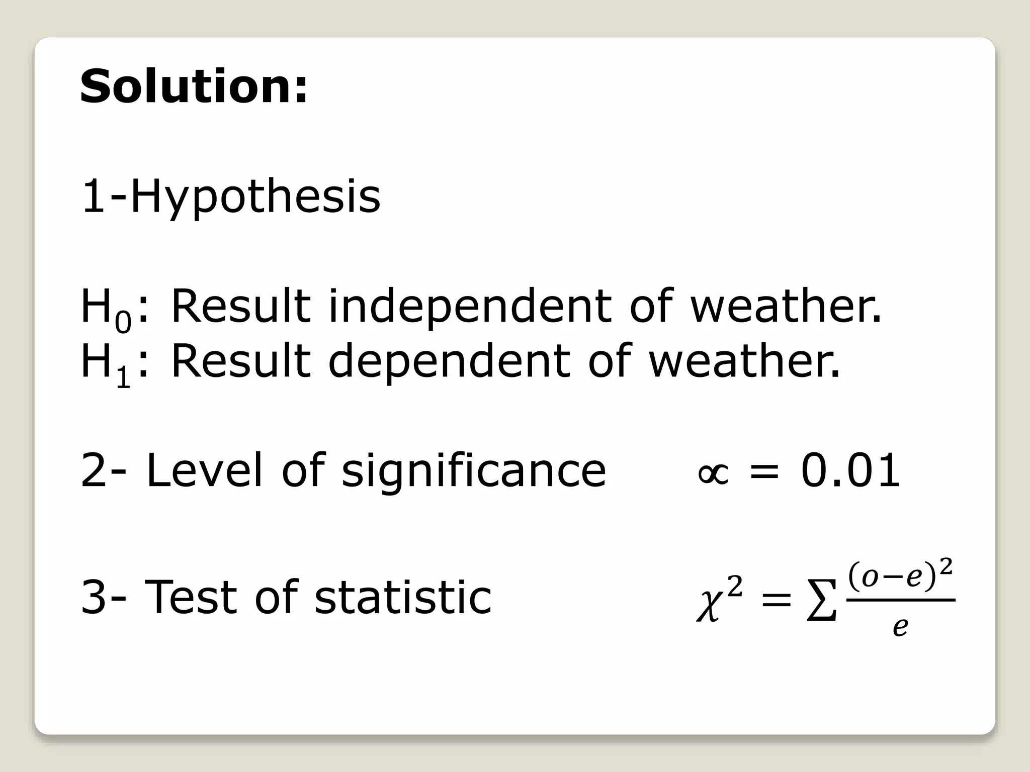 Solution:
1-Hypothesis
H0: Result independent of weather.
H1: Result dependent of weather.
2- Level of significance  = 0.01
3- Test of statistic 𝜒2
=
𝑜−𝑒 2
𝑒
 