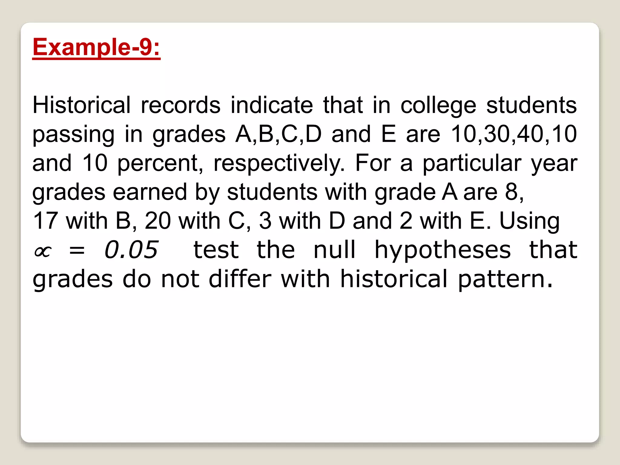 Example-9:
Historical records indicate that in college students
passing in grades A,B,C,D and E are 10,30,40,10
and 10 percent, respectively. For a particular year
grades earned by students with grade A are 8,
17 with B, 20 with C, 3 with D and 2 with E. Using
 = 0.05 test the null hypotheses that
grades do not differ with historical pattern.
 