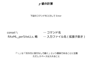 p 値の計算 
下記のコマンドを入力してEnter 
consel  
RAxML_perSiteLLs. 略 
… コマンド名 
… 入力ファイル名( 拡張子抜き) 
「 」は「次の行に改行なしで続く」という意味であることに注意 
ただしスペースは入れること 
 