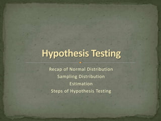 Recap of Normal Distribution 
Sampling Distribution 
Estimation 
Steps of Hypothesis Testing 
 
