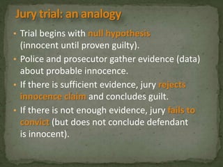 • Trial begins with null hypothesis 
(innocent until proven guilty). 
• Police and prosecutor gather evidence (data) 
about probable innocence. 
• If there is sufficient evidence, jury rejects 
innocence claim and concludes guilt. 
• If there is not enough evidence, jury fails to 
convict (but does not conclude defendant 
is innocent). 
 
