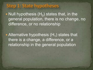  Null hypothesis (H0) states that, in the 
general population, there is no change, no 
difference, or no relationship 
 Alternative hypothesis (H1) states that 
there is a change, a difference, or a 
relationship in the general population 
 