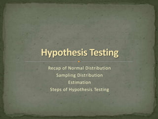 Recap of Normal Distribution 
Sampling Distribution 
Estimation 
Steps of Hypothesis Testing 
