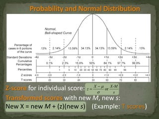 X  
X-M 
Z-score for individual score: 
z  
or 
 
s 
Transformed scores with new M, new s: 
New X = new M + (z)(new s) (Example: T scores) 
 