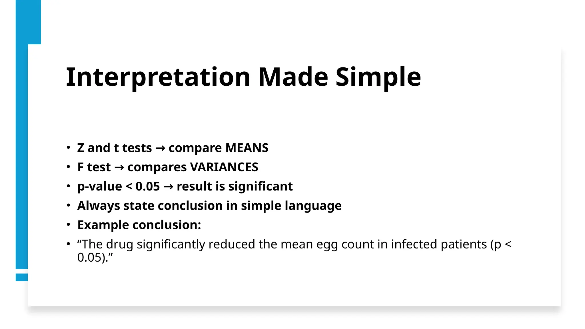 Interpretation Made Simple
• Z and t tests compare MEANS
→
• F test compares VARIANCES
→
• p-value < 0.05 result is significant
→
• Always state conclusion in simple language
• Example conclusion:
• “The drug significantly reduced the mean egg count in infected patients (p <
0.05).”
 