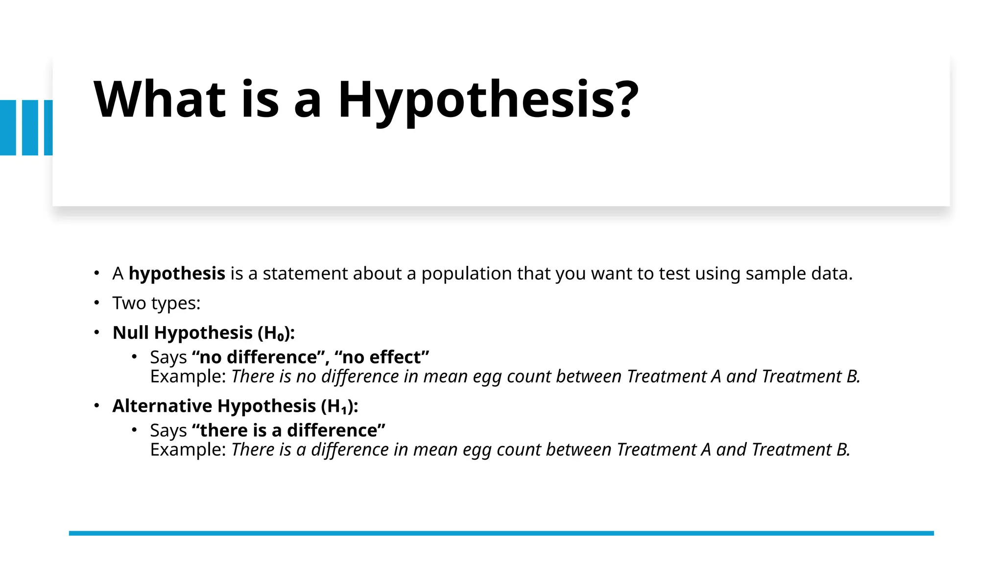 What is a Hypothesis?
• A hypothesis is a statement about a population that you want to test using sample data.
• Two types:
• Null Hypothesis (H₀):
• Says “no difference”, “no effect”
Example: There is no difference in mean egg count between Treatment A and Treatment B.
• Alternative Hypothesis (H₁):
• Says “there is a difference”
Example: There is a difference in mean egg count between Treatment A and Treatment B.
 
